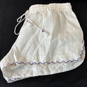 J Crew‎ Linen Shorts Women S White Beaded Hem Tassel Drawstring Beach